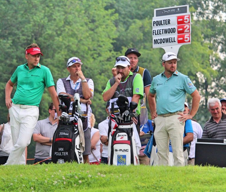 Poulter and McDowell on the 18th tee